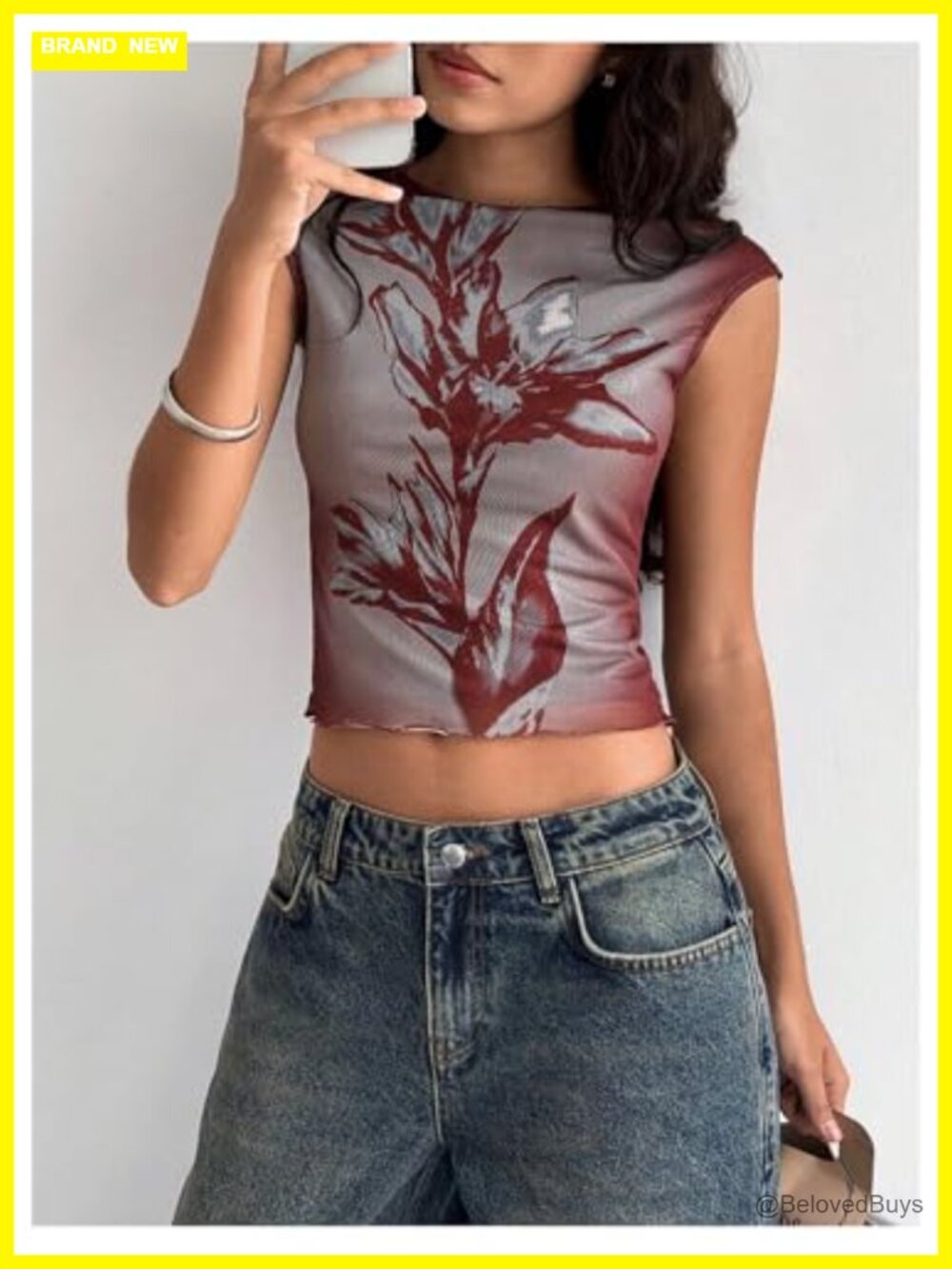 WDIRARA Floral Dolman Cap Sleeve Mesh Tee Top Y2K Going Out - Picture 4 of 6